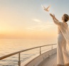 A woman standing on a boat deck releases a white bird into the sky, symbolizing the courage to let go, true love, emotional freedom and healthy boundaries.