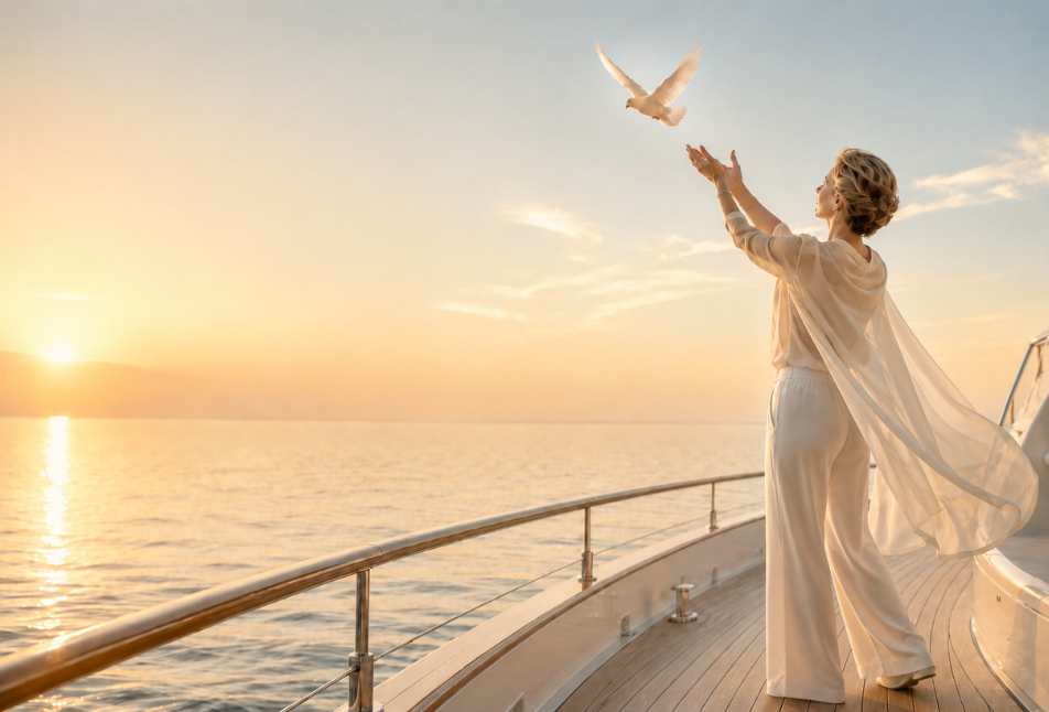 A woman standing on a boat deck releases a white bird into the sky, symbolizing the courage to let go, true love, emotional freedom and healthy boundaries.
