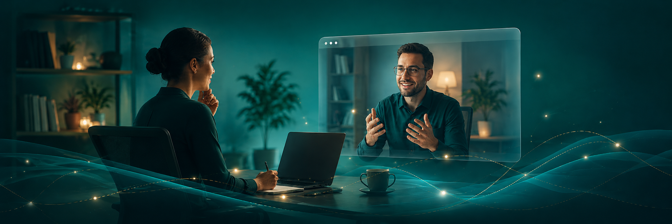 **Alt text:** Online peer-to-peer coaching session between two professional coaches, with one coach joining through a video call, in a modern petrol and teal digital setting that symbolizes connection, ethical practice and professional growth.
