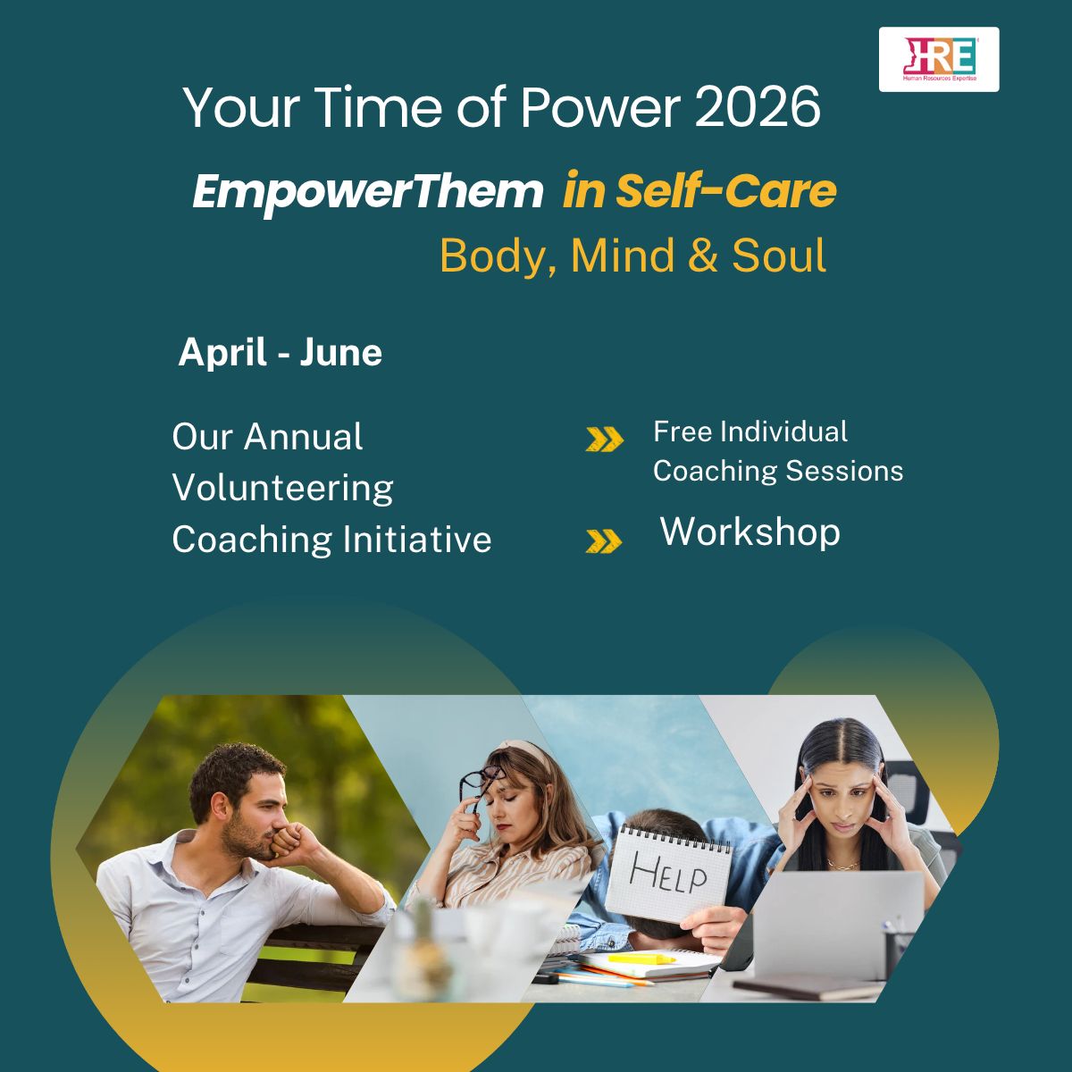 Αφίσα της δράσης Your Time of Power 2026 με θέμα EmpowerThem in Self-Care – Body, Mind & Soul και δωρεάν ατομικές συνεδρίες coaching.